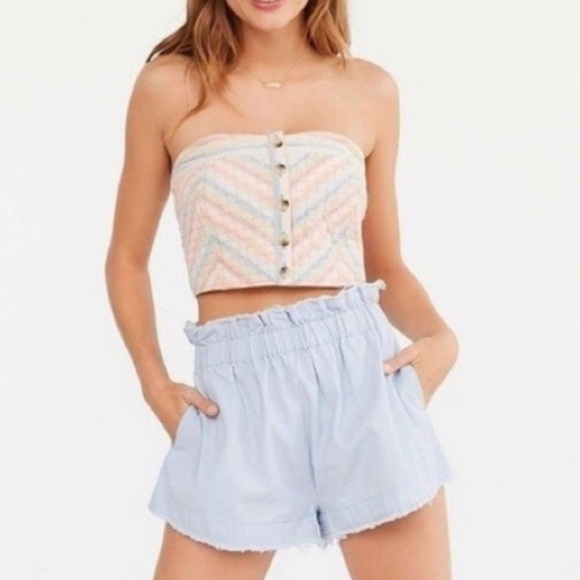 Urban Outfitters Ecote blue paper bag waisted shorts high rise raw hem size L - Picture 1 of 9